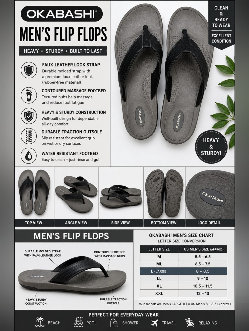 Okabashi Men’s Flip Flops Large 8-8.5 Gray Black
